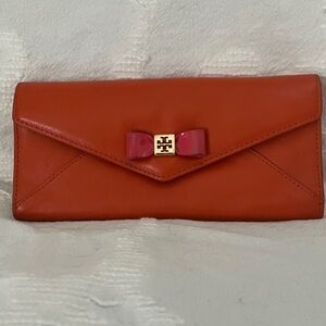 Tory Burch Orange Leather Wallet with Bow Accent